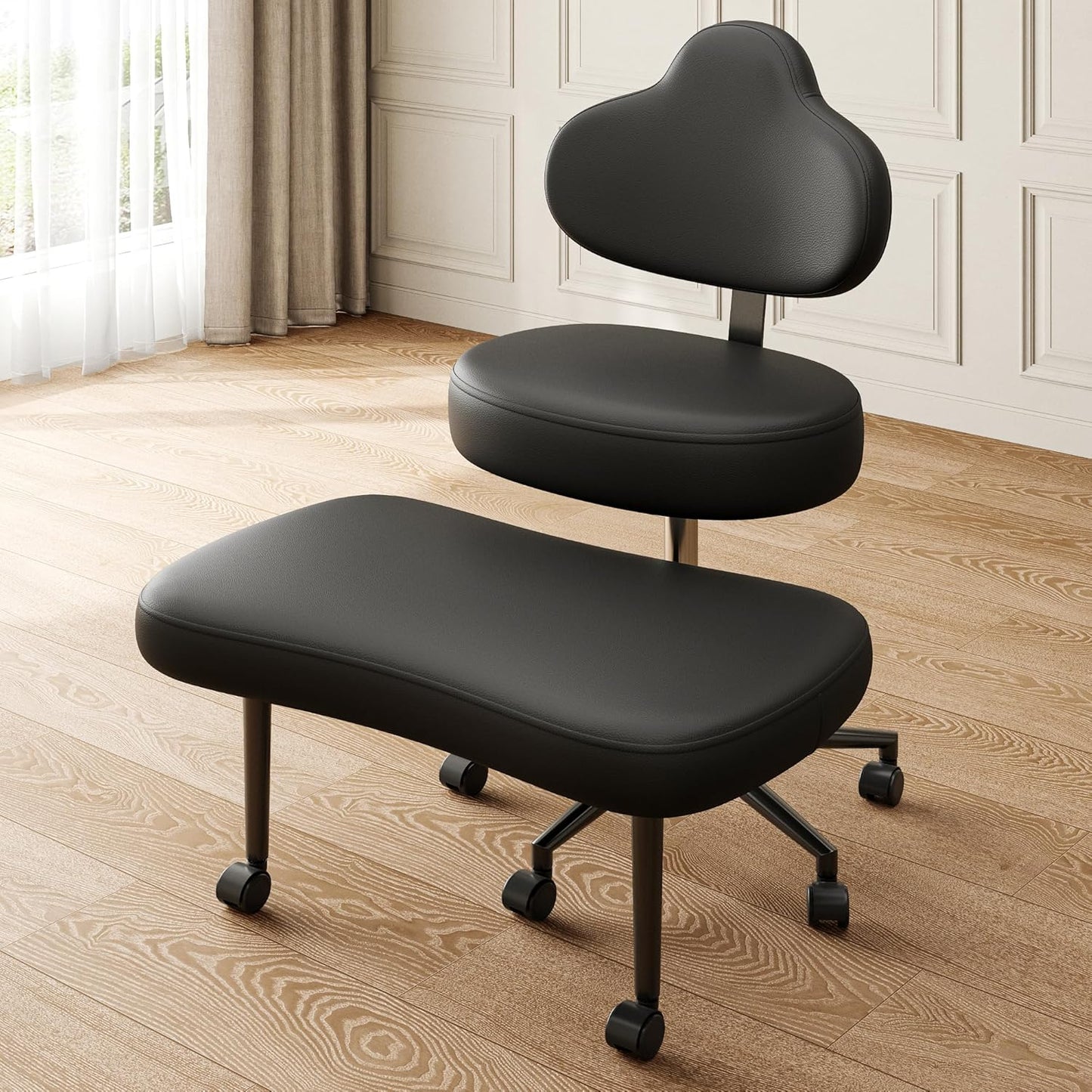 Cross Legged Office Chair with Wheels, Meditation Chair, ADHD Chair for Adults, Wider Height Adjustable Backrest and Seat, Yoga Office Chair, PU Leather, Black