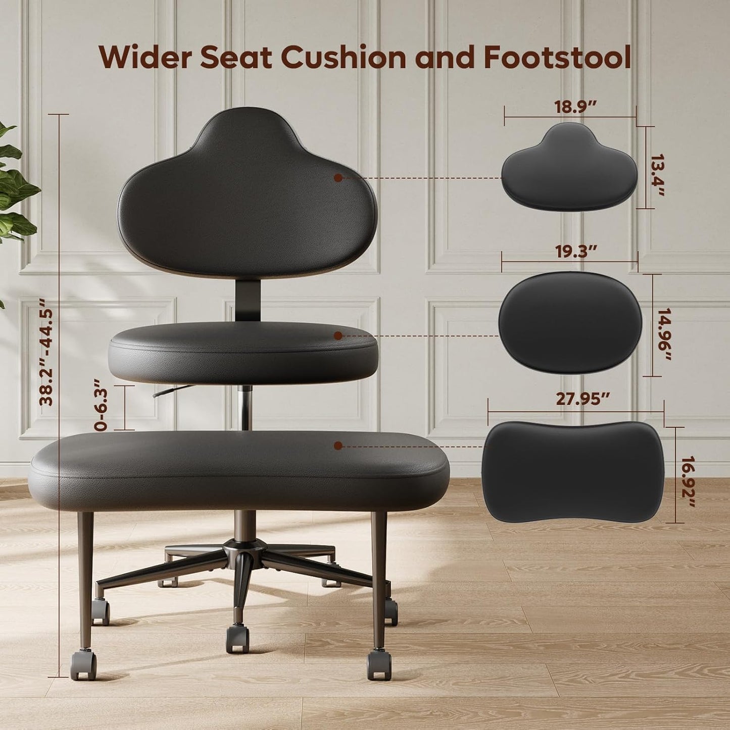 Cross Legged Office Chair with Wheels, Meditation Chair, ADHD Chair for Adults, Wider Height Adjustable Backrest and Seat, Yoga Office Chair, PU Leather, Black