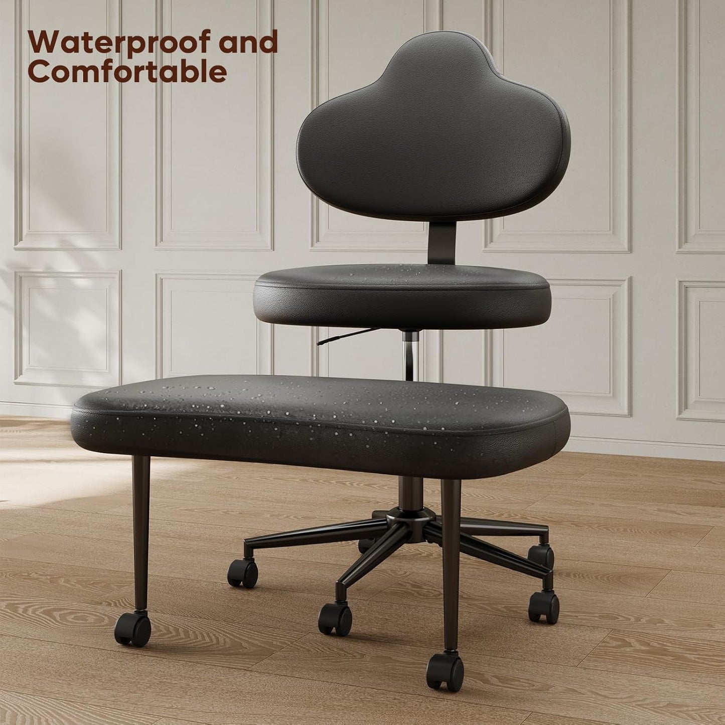 Cross Legged Office Chair with Wheels, Meditation Chair, ADHD Chair for Adults, Wider Height Adjustable Backrest and Seat, Yoga Office Chair, PU Leather, Black