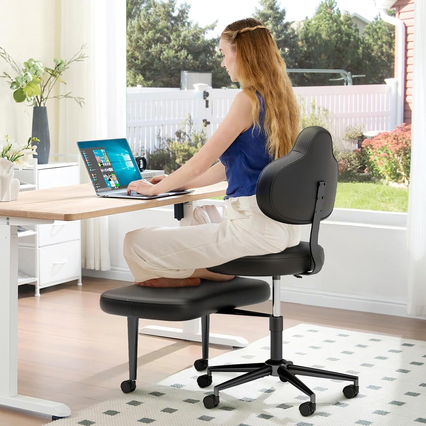 Cross Legged Office Chair with Wheels, Meditation Chair, ADHD Chair for Adults, Wider Height Adjustable Backrest and Seat, Yoga Office Chair, PU Leather, Black