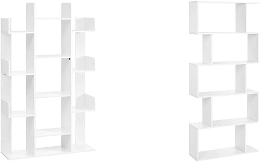 VASAGLE Tree-Shaped Bookcase with 13 Shelves and 5-Tier Freestanding Bookshelf, White Storage Shelving