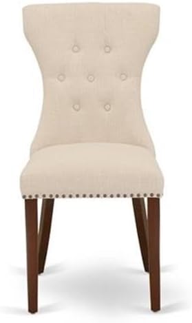 East West Furniture GAP3T32 Gallatin Parsons Dining Chairs - Button Tufted Nailhead Trim Light Beige Linen Fabric Padded Chairs, Set of 2, Mahogany