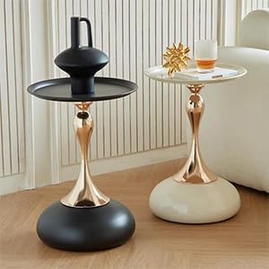 Modern Round Side Table with Gold Pedestal Base, Black Metal Top, Accent End Table for Living Room (Cream White+Black)