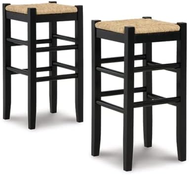 Signature Design by Ashley Mirimyn Farmhouse 29.5" Bar Height Bar Stool with Woven Wicker Seats, 2 Count, Black & Light Brown