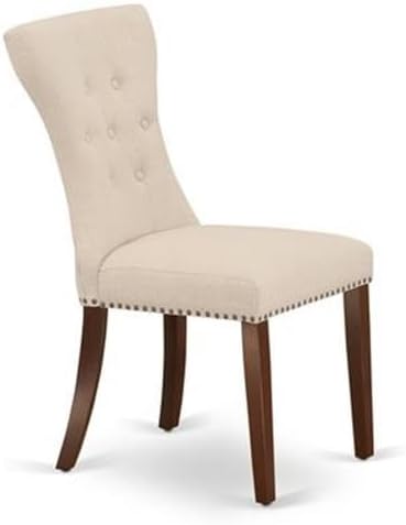 East West Furniture GAP3T32 Gallatin Parsons Dining Chairs - Button Tufted Nailhead Trim Light Beige Linen Fabric Padded Chairs, Set of 2, Mahogany