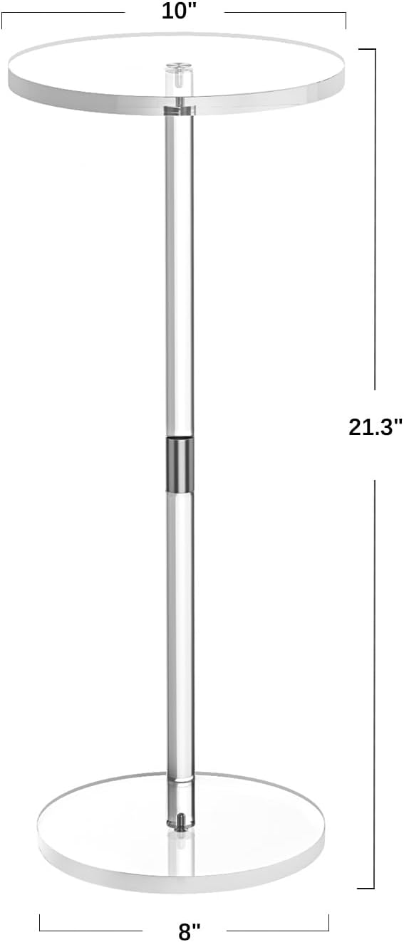 Acrylic Drink Table for Small Spaces, Clear Side Table, 10" L x 10" W x 21.3" H, Round End Table for Living Room, Bedroom, Office, Easy Assembly