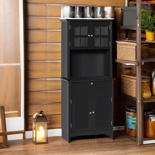 HOMCOM Elegant Buffet with Hutch, Kitchen Pantry Storage Cabinet with Framed Glass Door Drawer and Microwave Space, Black
