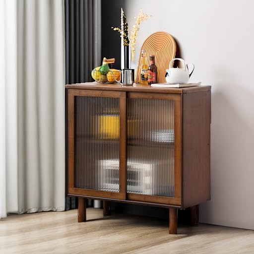 Tiita Bamboo Sideboard Buffet Cabinet, Rattan Kitchen Storage Cabinet, Boho Coffee Bar Tables for Kitchen Living Room Hallway Office, Walnut