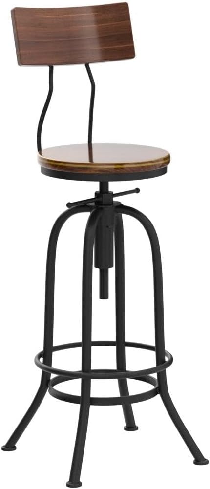 LOKKHAN Industrial Bar Stool-26-32 Inch Adjustable Swivel Round Wood Metal Kitchen Stool Rustic Farmhouse Counter Height Extra Tall Bar Height Stool-Arc-Shaped Backrest,Welded,Set of 2