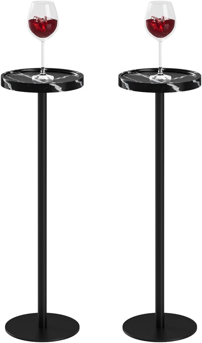 Drink Table, Small Pedestal Side Table, Round Cocktail Table, Circle Accent End Table with Metal Base, for Small Spaces (2, Black Marble)