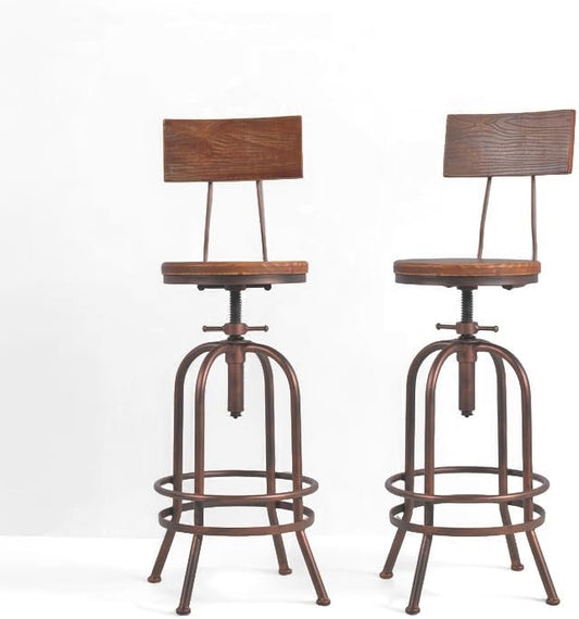 Set of 2-Industrial Bar Stools-Swivel Wooden Seat-Bar Counter Height Adjustable 26-32.2inch-Kitchen Dining Chairs