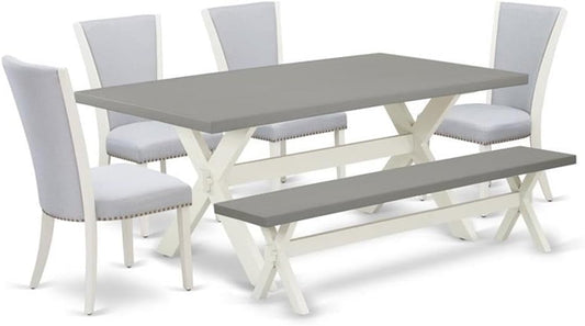 East West Furniture X097VE005-6 6 Piece Dining Room Table Set Contains a Rectangle Kitchen Table with X-Legs and 4 Grey Linen Fabric Parson Chairs with a Bench, 40x72 Inch, Multi-Color
