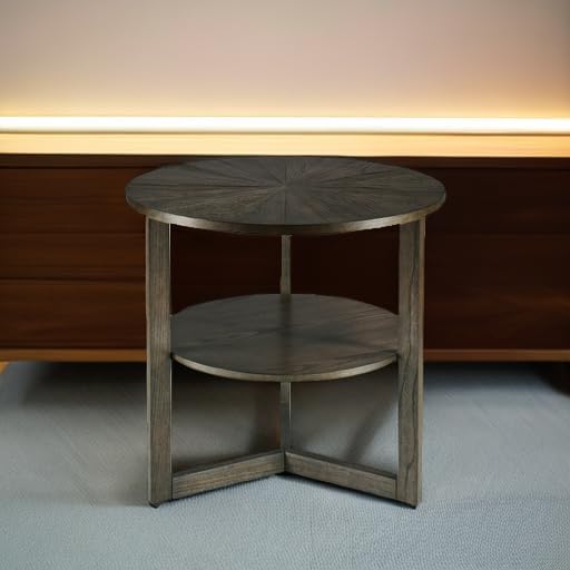 Large Round End Table with Storage Shelf, Rustic Beside Tables with Umbrella Top,Traditional Circular Sofa Side Table, 25.2”D Telephone Table for Living Room Easy Assembly Brushed Black CJZ3338BK