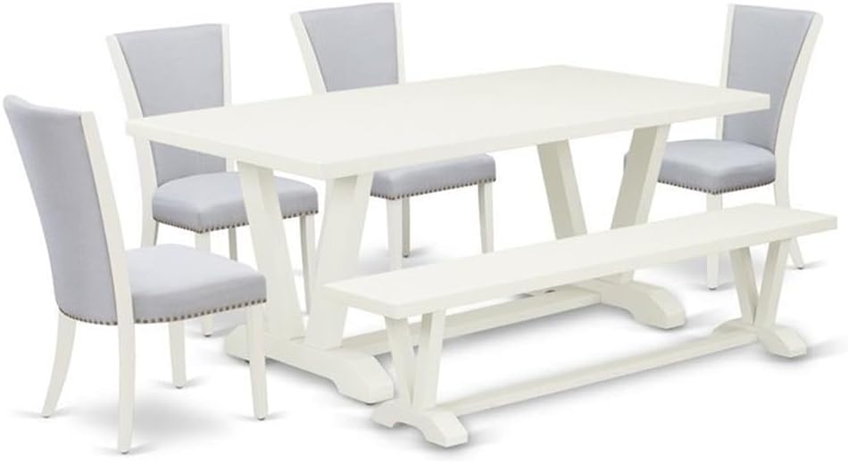 East West Furniture V027VE005-6 6 Piece Dining Table Set Contains a Rectangle Dining Room Table with V-Legs and 4 Grey Linen Fabric Parson Chairs with a Bench, 40x72 Inch, Multi-Color