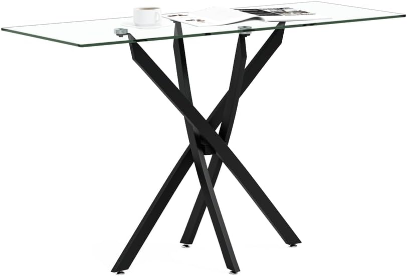 Tempered Glass Console Table with Metal Legs, Modern Narrow Sofa Table for Hallway Entryway (Black, 39"x18"x30")