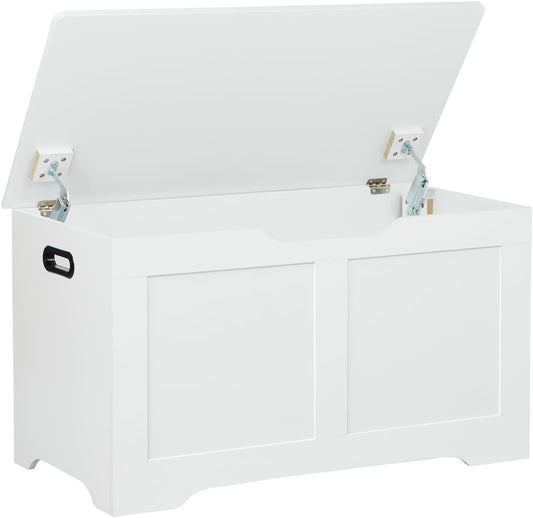 31.5" Storage Chest, Wooden Storage Bench, Lift Top Toy Chest with 2 Safety Hinges, Large Toy Box, Entryway Shoes Bench for Living Room, Bedroom, White