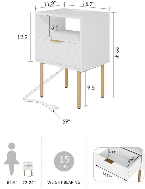 Nightstand,Morden Bedside Table with Gold Frame,Small White Night Stand,End Table,Bedside Furniture,Side Table with Drawer and Shelf for Bedroom,Living Room (1Drawer, White-Outlet-pane)
