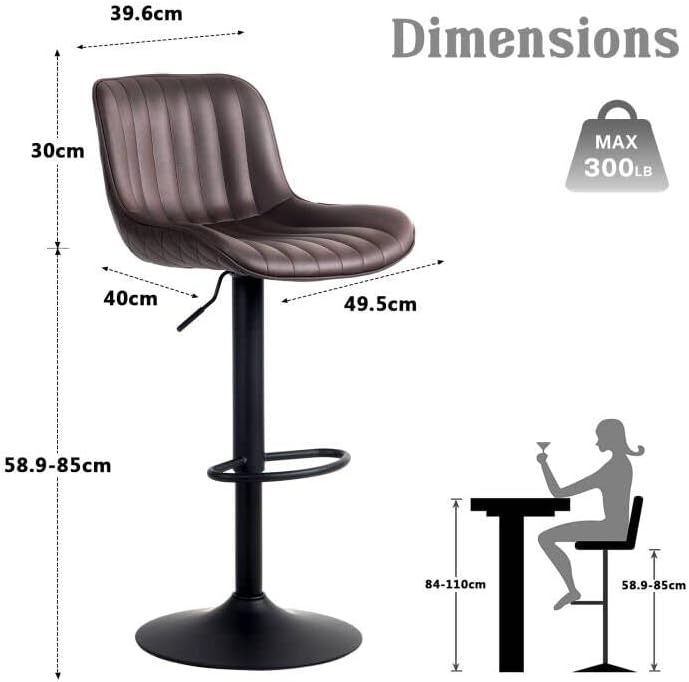 YOUNUOKE Counter Height Bar Stools Set of 2, Adjustable Swivel Stool Chairs with Back, Brown Faux Leather Upholstered, Mid-Century Modern Barstools for Kitchen Island, Dining Room, Home Bar, Bistro