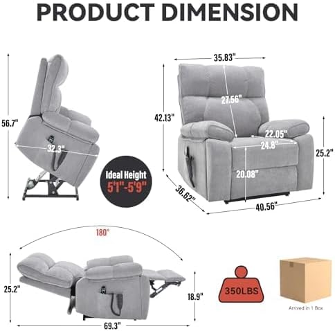 Dual Motor Power Lift Recliner Chair, 8 Positions Vibration Massage Recliner Chair, Chenille Fabric Recliner with Cup Holder, Vibration Massage and Lumbar Heating for Adults and Elderly, Grey