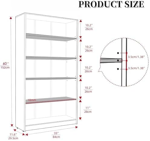 Bookshelf, 5 Wooden Book Shelf Bookcase with Freestanding Display Storage, Open Modern Bookshelf for Bedroom, Living Room, Dinning Room, Office, 60Inch, White