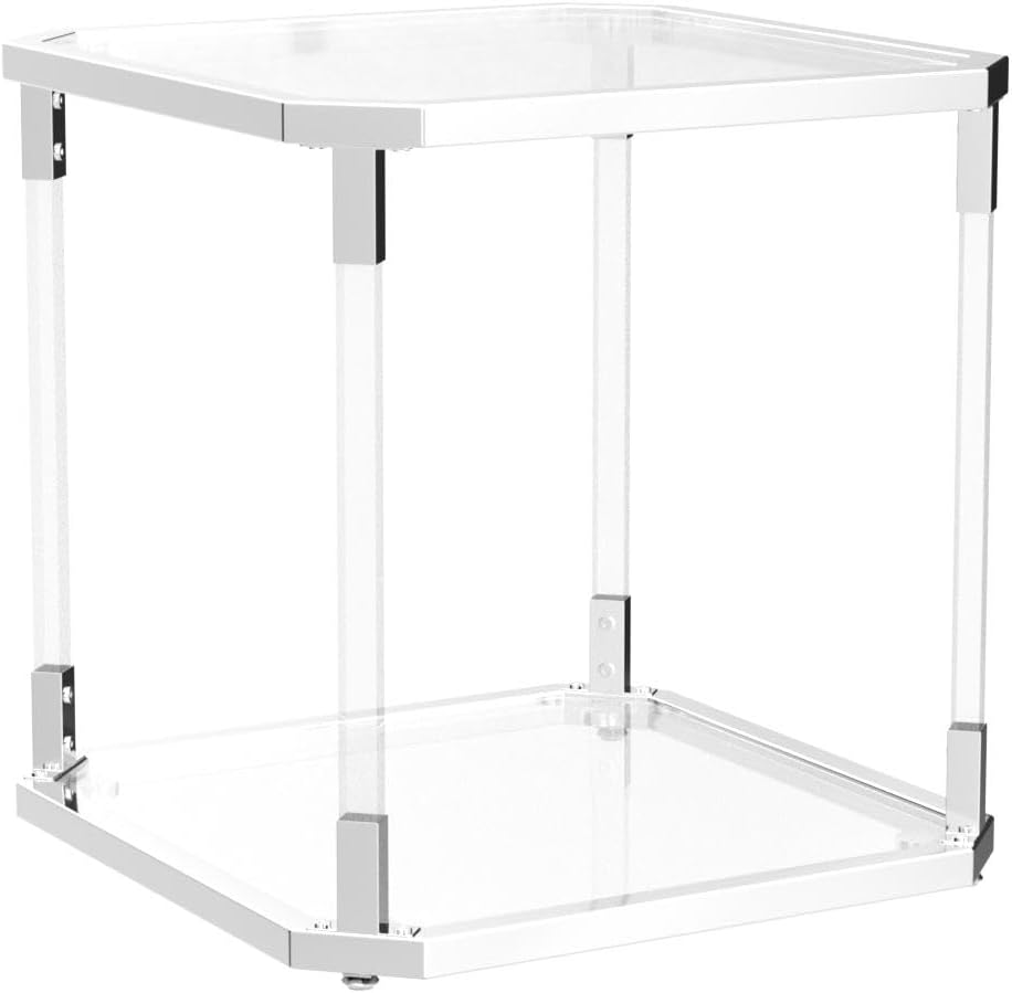 Glass Top Side Table - Silver Square Glass Top End Table Clear Acrylic Nightstand for Living Room Bedside Bedroom
