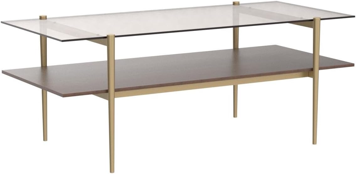 AGV LIGHTING Tadio Glass Coffee Table, Mid-Century Modern Coffee Table for Living Room, Gold Finish Leg, Coffee Brown Glass Top & Walnut Shelf, 41 in Length