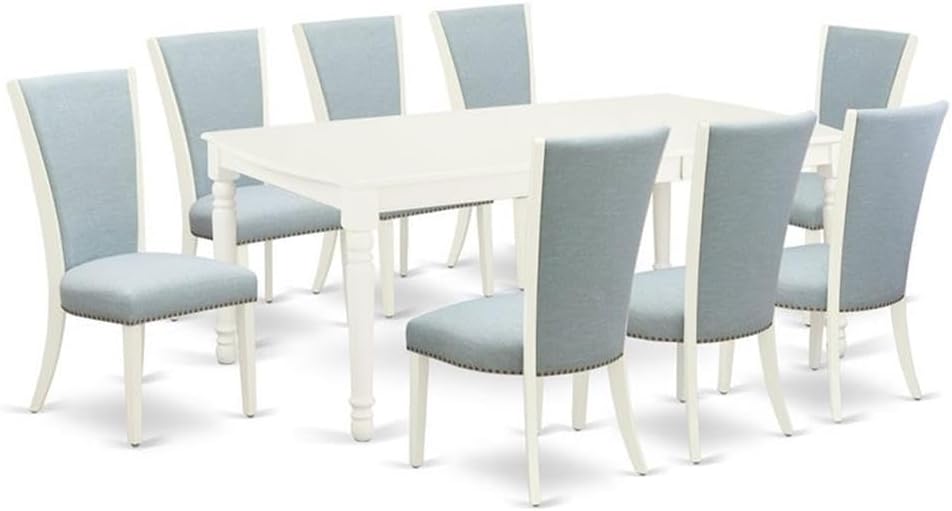 East West Furniture DOVE9-LWH-15 9 Piece Kitchen Table Set Includes a Rectangle Dining Table with Butterfly Leaf and 8 Baby Blue Linen Fabric Parson Dining Chairs, 42x78 Inch, Linen White