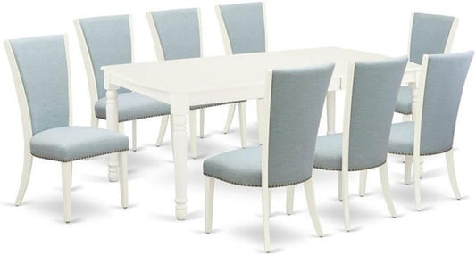 East West Furniture DOVE9-LWH-15 9 Piece Kitchen Table Set Includes a Rectangle Dining Table with Butterfly Leaf and 8 Baby Blue Linen Fabric Parson Dining Chairs, 42x78 Inch, Linen White