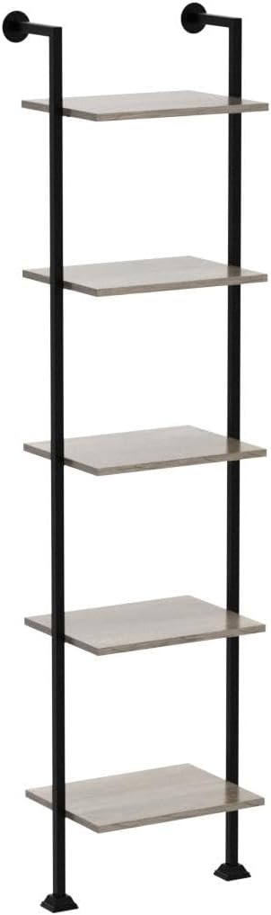 Axeman 5-Tier Ladder Shelf, Tall Narrow Bookcase for Small Spaces, Book Storage Organizer Case Open Shelves for Living Room, Home Office, Study, Industrial Style Black Metal Frame and Gray Shelf