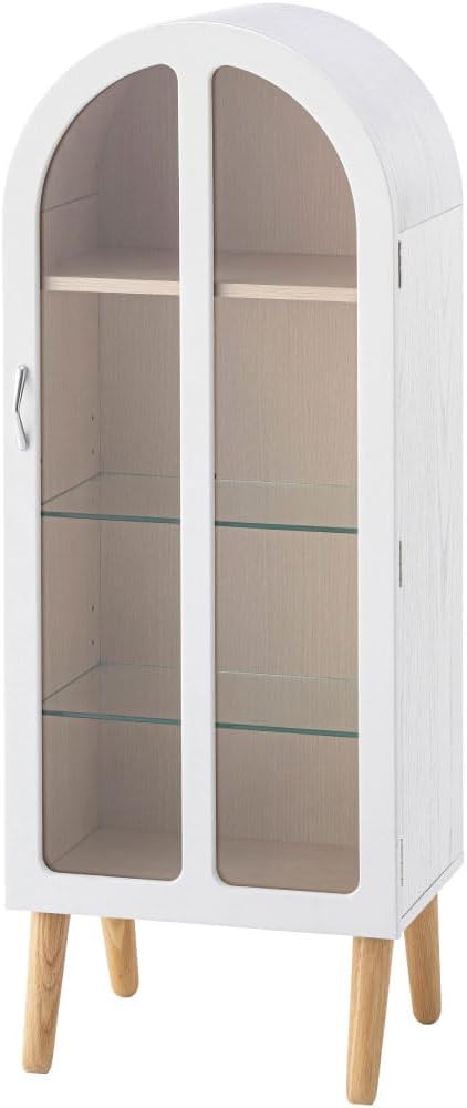 PaletteLife Arched Figurine-Case 4 Tier Collection Shelf, Oak Wood Grain with Glass Door and 2 Movable Glass Shelves, No Mirror, White, PT-621WH