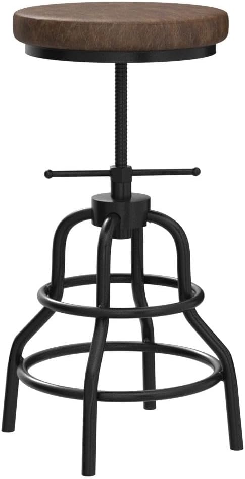 LOKKHAN Industrial Bar Stools-Swivel Leather Metal Bar Stool-20-27 Inch Tall Counter Height-Adjustable Kitchen Stool Dining Chair Cafe Stools (Set of 2)