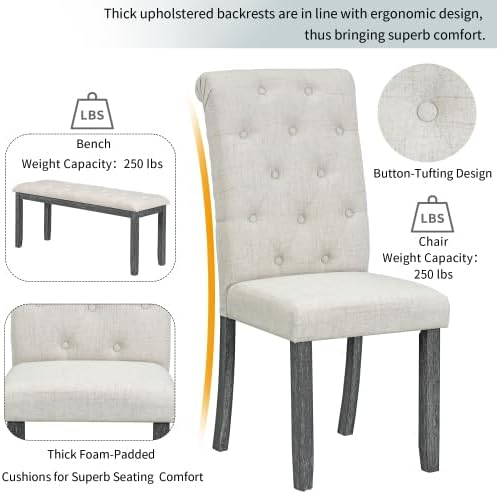 SogesHome 6-Piece Dining Table Set with Upholstered Chairs and Bench, Modern Retro Rectangular Kitchen Table, Rustic Farmhouse Style Decor Dining Table for Dining Room, Breakfast (Gray Wash)