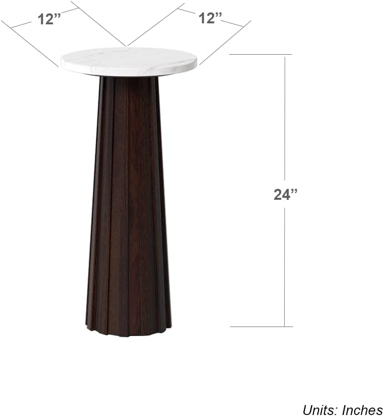Ma'gro Drink Table – Solid Mango Wood Fluted Base with Real White Marble Top | Farmhouse Accent Side Table for Boho Decor, Bedside, Entryway, Plant Stand, Night Stand & Small Living Spaces