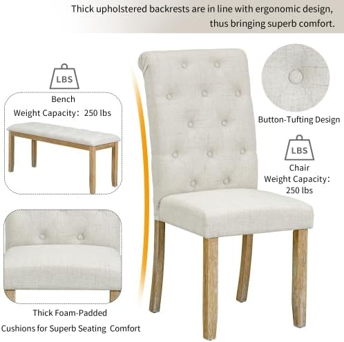 SogesHome 6-Piece Dining Table Set with Upholstered Chairs and Bench, Modern Retro Rectangular Kitchen Table, Rustic Farmhouse Style Decor Dining Table for Dining Room, Breakfast (Natural Wood Wash)