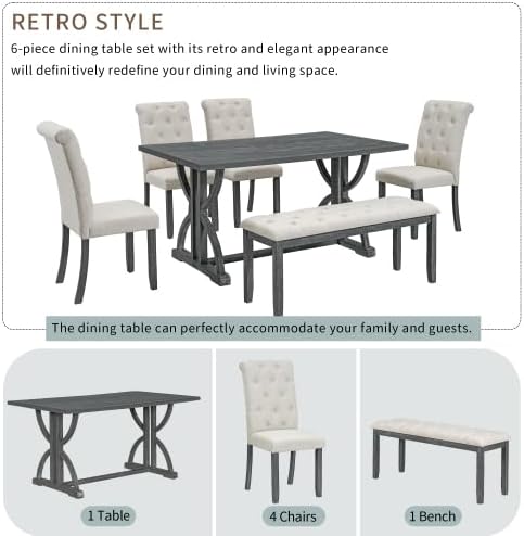 SogesHome 6-Piece Dining Table Set with Upholstered Chairs and Bench, Modern Retro Rectangular Kitchen Table, Rustic Farmhouse Style Decor Dining Table for Dining Room, Breakfast (Gray Wash)