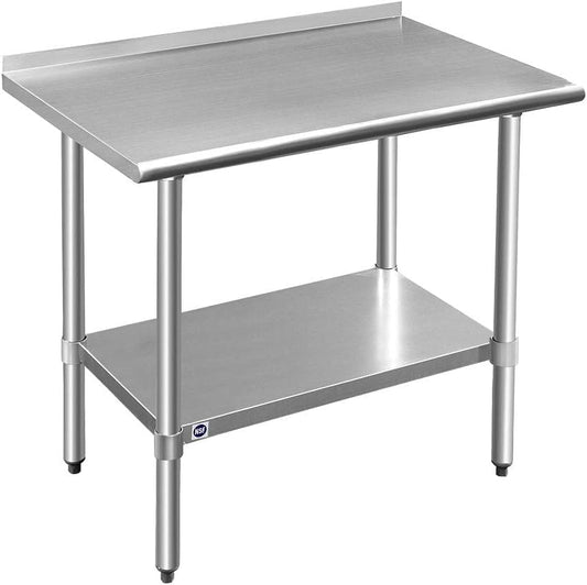 ROCKPOINT Stainless Steel Table for Prep & Work with Backsplash 24x36 Inches, NSF Metal Commercial Kitchen Heavy Duty Table with Adjustable Under Shelf and Table Foot for Restaurant, Home and Hotel