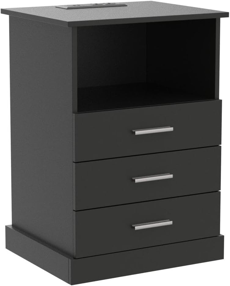 Black LED Nightstand with Charging Station, Side Table with 3 Drawers and Light, End Table with Open Storage, Beside Cabinet for Bedroom (Black 2 Set)