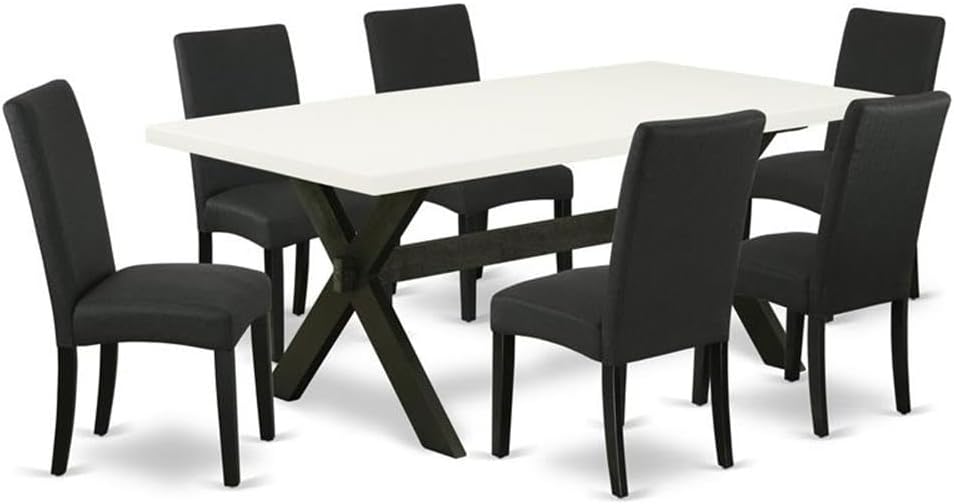 East West Furniture X627DR124-7 7 Piece Dining Room Furniture Set Consist of a Rectangle Dining Table with X-Legs and 6 Black Color Linen Fabric Upholstered Chairs, 40x72 Inch, Multi-Color