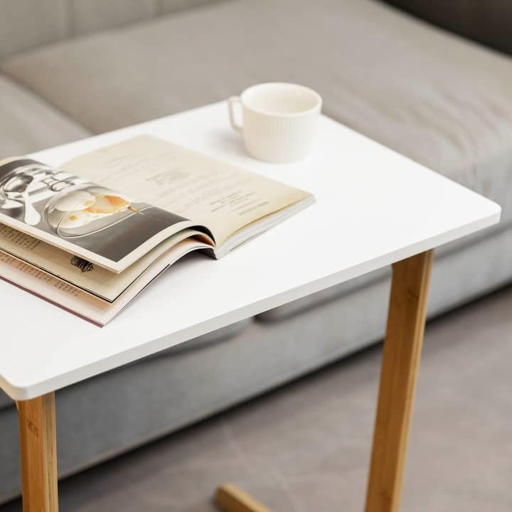 Forevich Bamboo Modern Tv Trays Table for Eating, Wood Couch Table End Snack Desk Sofa Side Table L Shaped White