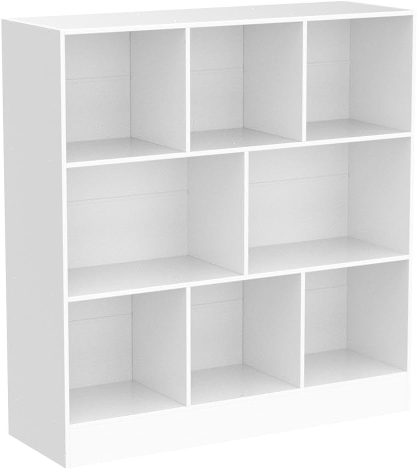 YAHARBO White 3 Tier Bookshelf,Wide Modern Horizontal Bookcase,Wood Low Book Shelf,Wide Display Storage Cabinet with Base,Floor Standing 8 Cube Large Bookcases Organizer for Bedroom,Living Room,Office