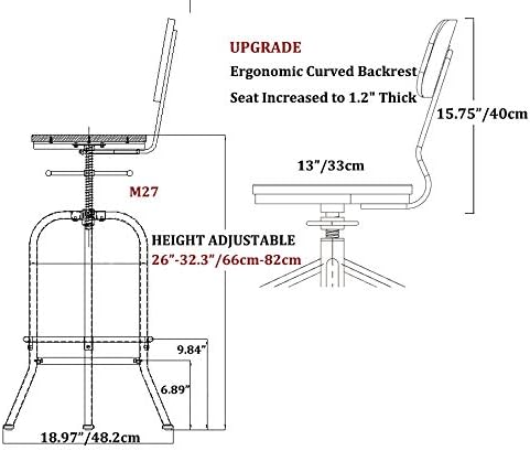 LOKKHAN Industrial Bar Stool-Adjustable Swivel Round Wood Metal Kitchen Stool-26-32.3 Inch-Rustic Farmhouse-Counter Height Extra Tall Bar Height Stool-Arc-Shaped Backrest,Welded,Set of 2