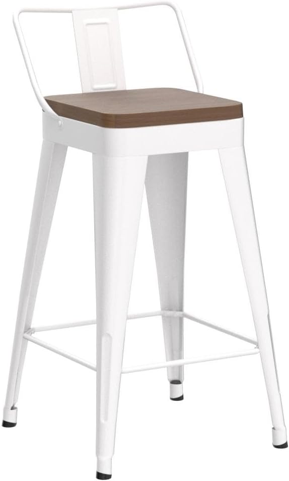WENTMENT Bar Stools Set of 4 Counter Height Metal Barstools with Removable Back 30" Kitchen Bar Stools with Wooden Seat, White