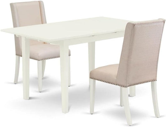 East West Furniture NOFL3-LWH-01 3 Piece Dinette Set for Small Spaces Contains a Rectangle Butterfly Leaf Table and 2 Cream Linen Fabric Upholstered Chairs, 32x54 Inch, Linen White