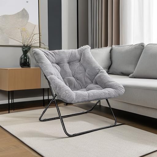 Tiita Comfy Saucer Chair, Soft Faux Fur Oversized Folding Accent Chair, Lounge Lazy Chair for Kids Teens Adults, Metal Frame Moon Chair for Bedroom, Living Room, Dorm Rooms, X-Large, Grey
