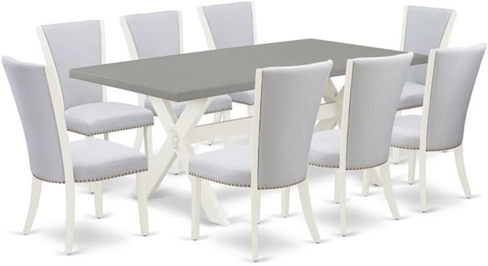 East West Furniture X097VE005-9 9 Piece Dining Table Set Includes a Rectangle Dining Room Table with X-Legs and 8 Grey Linen Fabric Upholstered Chairs, 40x72 Inch, Multi-Color