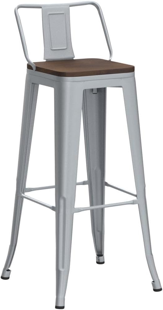 30 Inch Swivel Bar Stools Set of 4 with Backs Counter Height Industrial Metal Barstools Island Bar Chairs for Home Kitchen Dining Room (Swivel 30 inch, Silver Wooden)