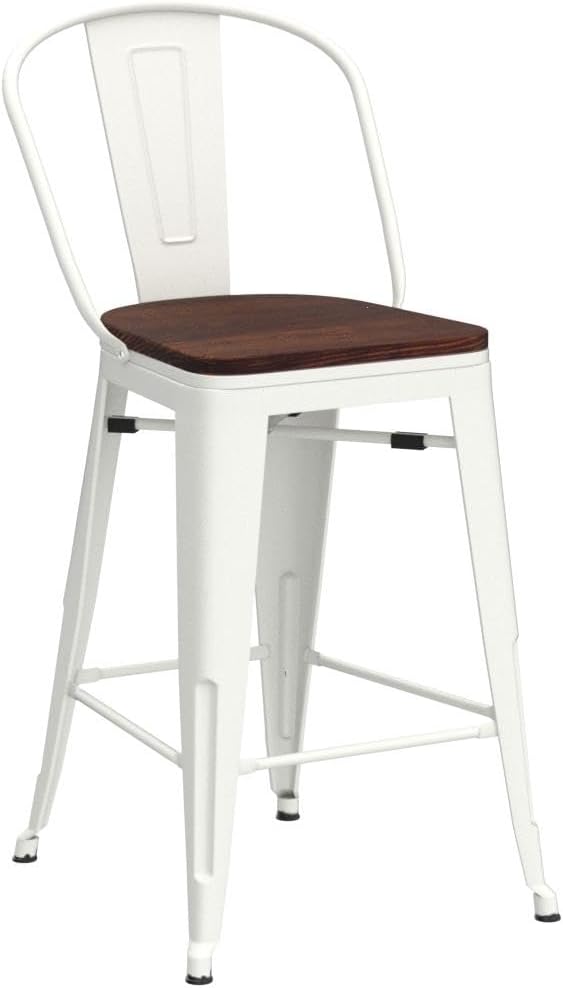 Changjie Furniture 24 Inches Metal Barstools Set of 4 Counter Height Bar Stools Industrial Stools with Backs High Back Chairs for Kitchen Island (24 Inch, White)
