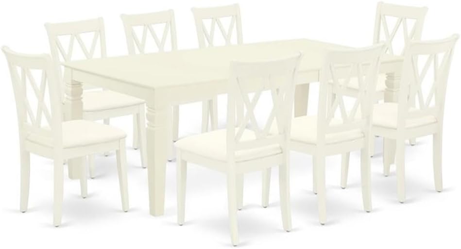 East West Furniture LGCL9-LWH-C 9 Piece Modern Dining Table Set Includes a Rectangle Wooden Table with Butterfly Leaf and 8 Linen Fabric Dining Room Chairs, 42x84 Inch, Linen White