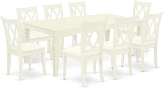 East West Furniture LGCL9-LWH-C 9 Piece Modern Dining Table Set Includes a Rectangle Wooden Table with Butterfly Leaf and 8 Linen Fabric Dining Room Chairs, 42x84 Inch, Linen White