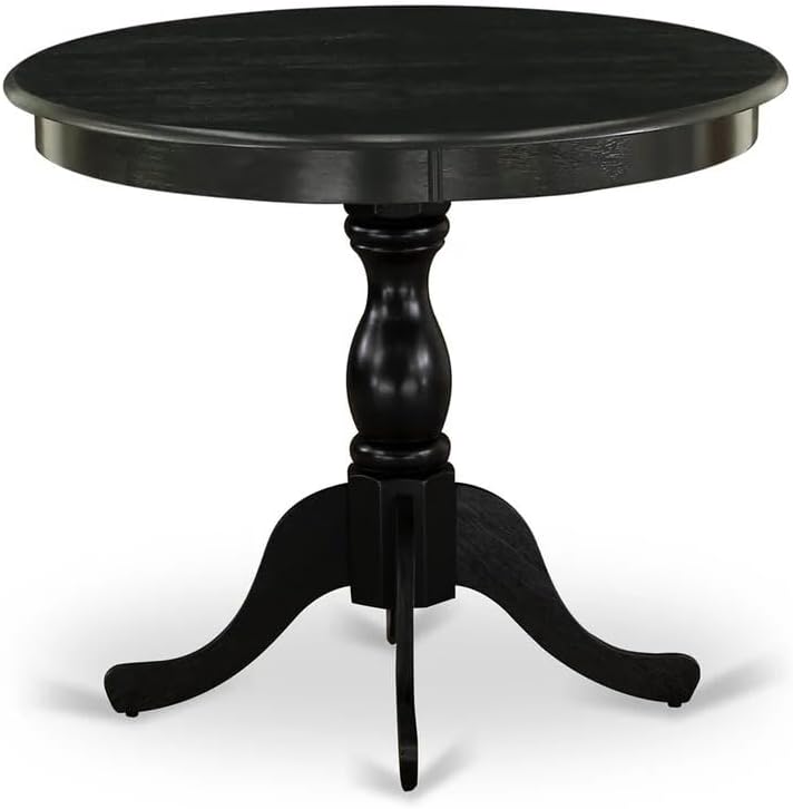 East West Furniture ANVA3-BLK-C 3 Piece Modern Dining Table Set Contains a Round Kitchen Table with Pedestal and 2 Linen Fabric Dining Room Chairs, 36x36 Inch, Black